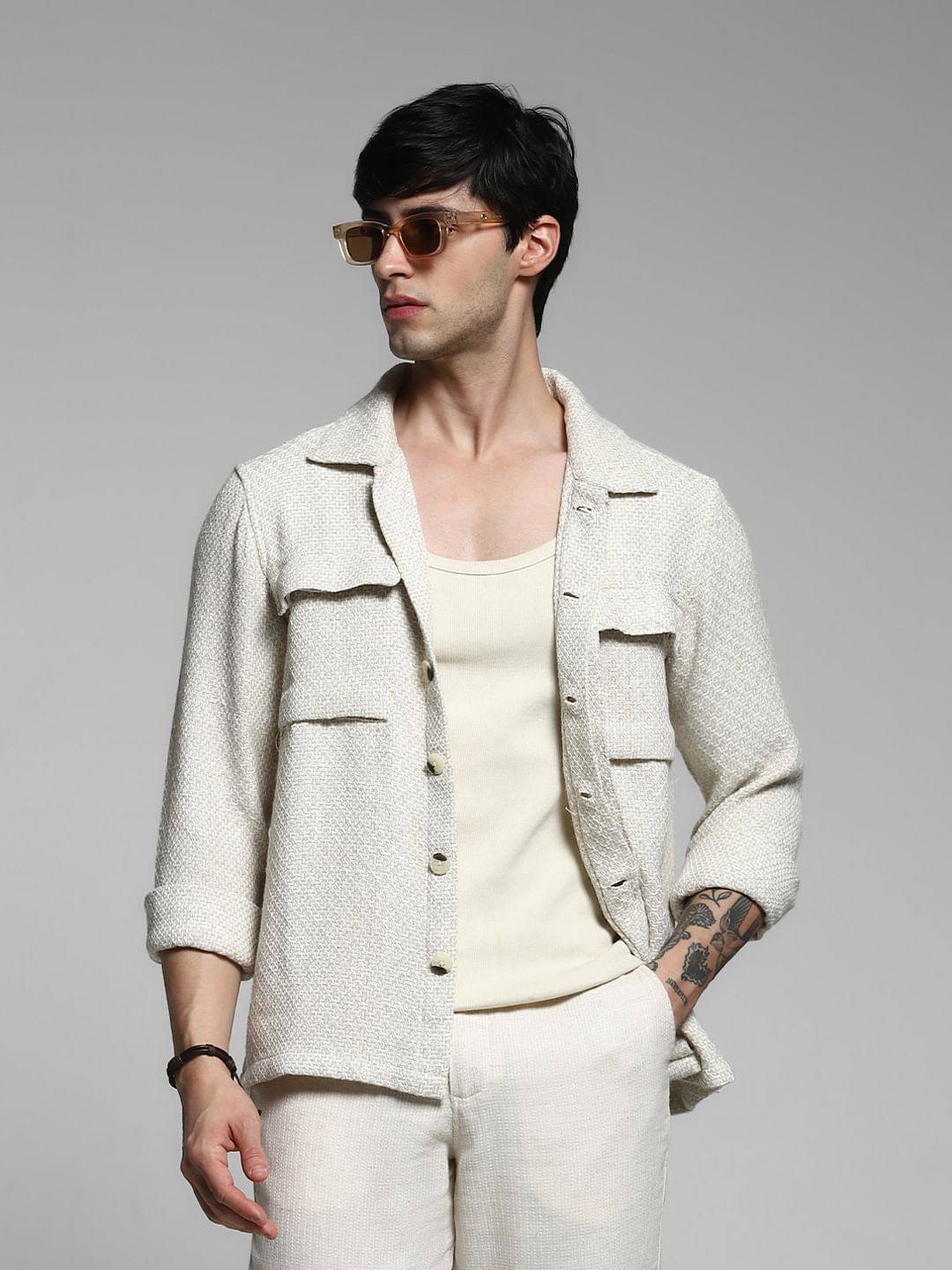 Light Beige Dobby Oversized Shirt - L
