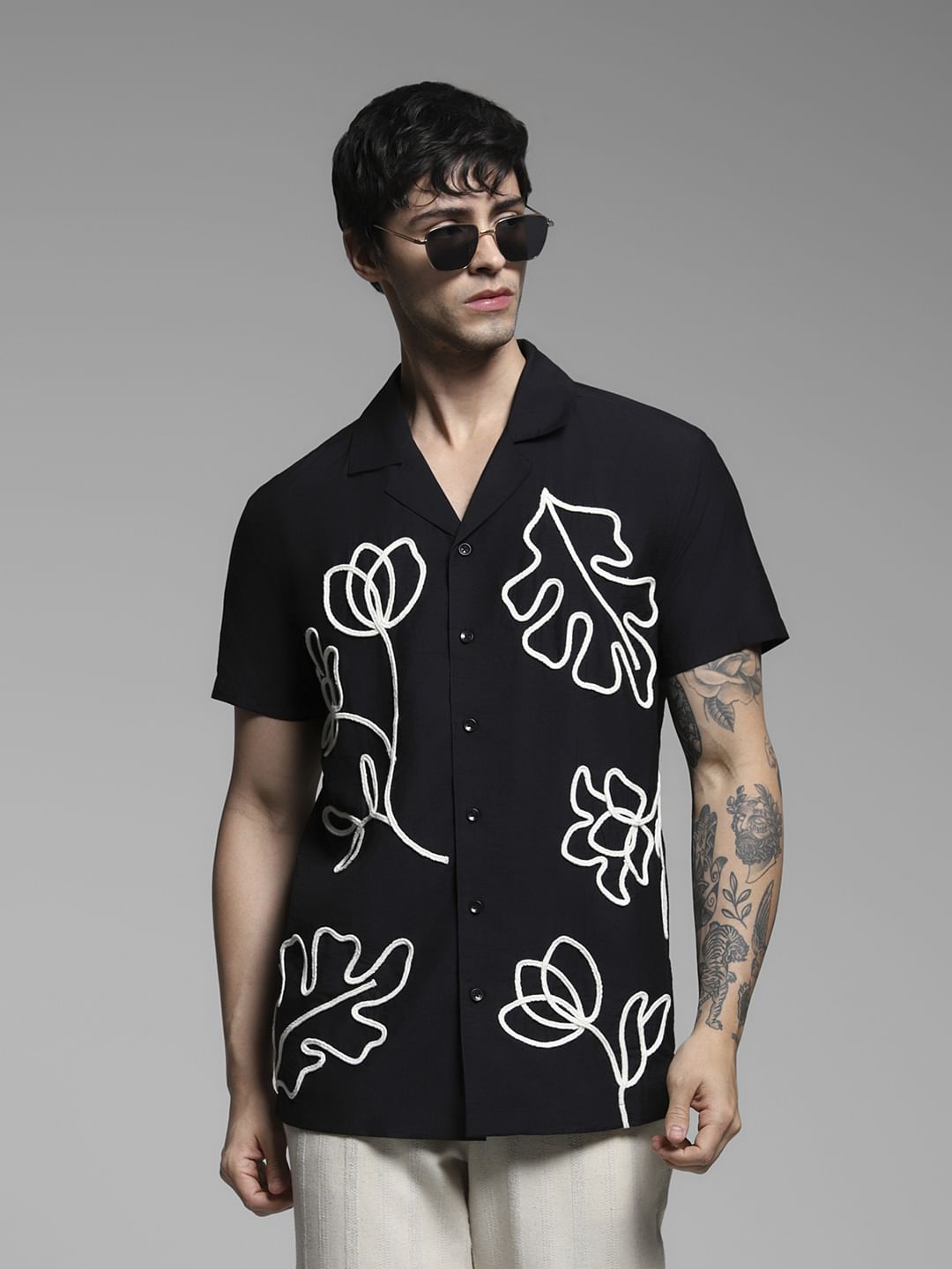 Black Embroidered Print Shirt
