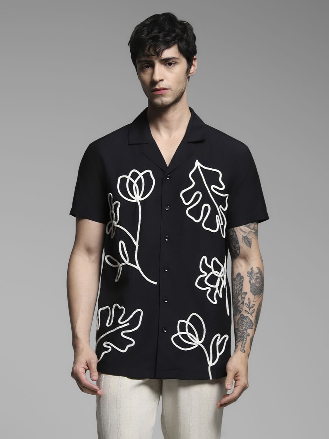 Black Embroidered Print Shirt