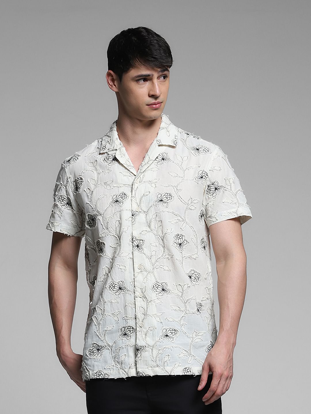 Cream Embroidered Comfort Fit Shirt