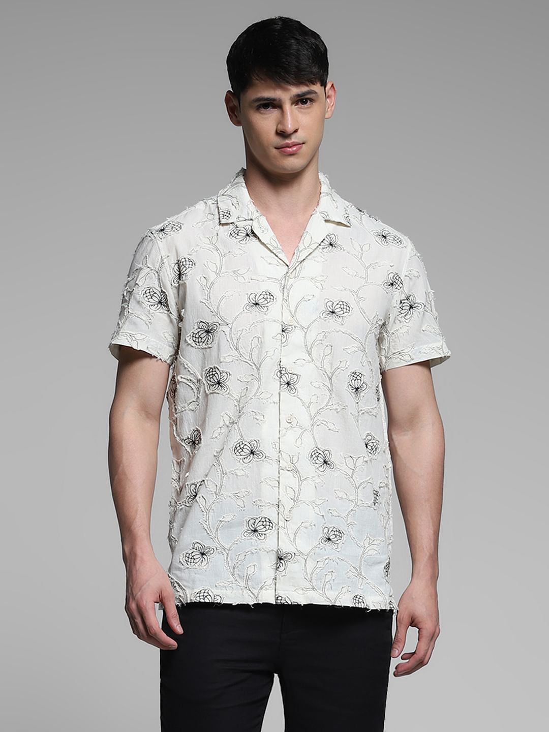 Cream Embroidered Comfort Fit Shirt