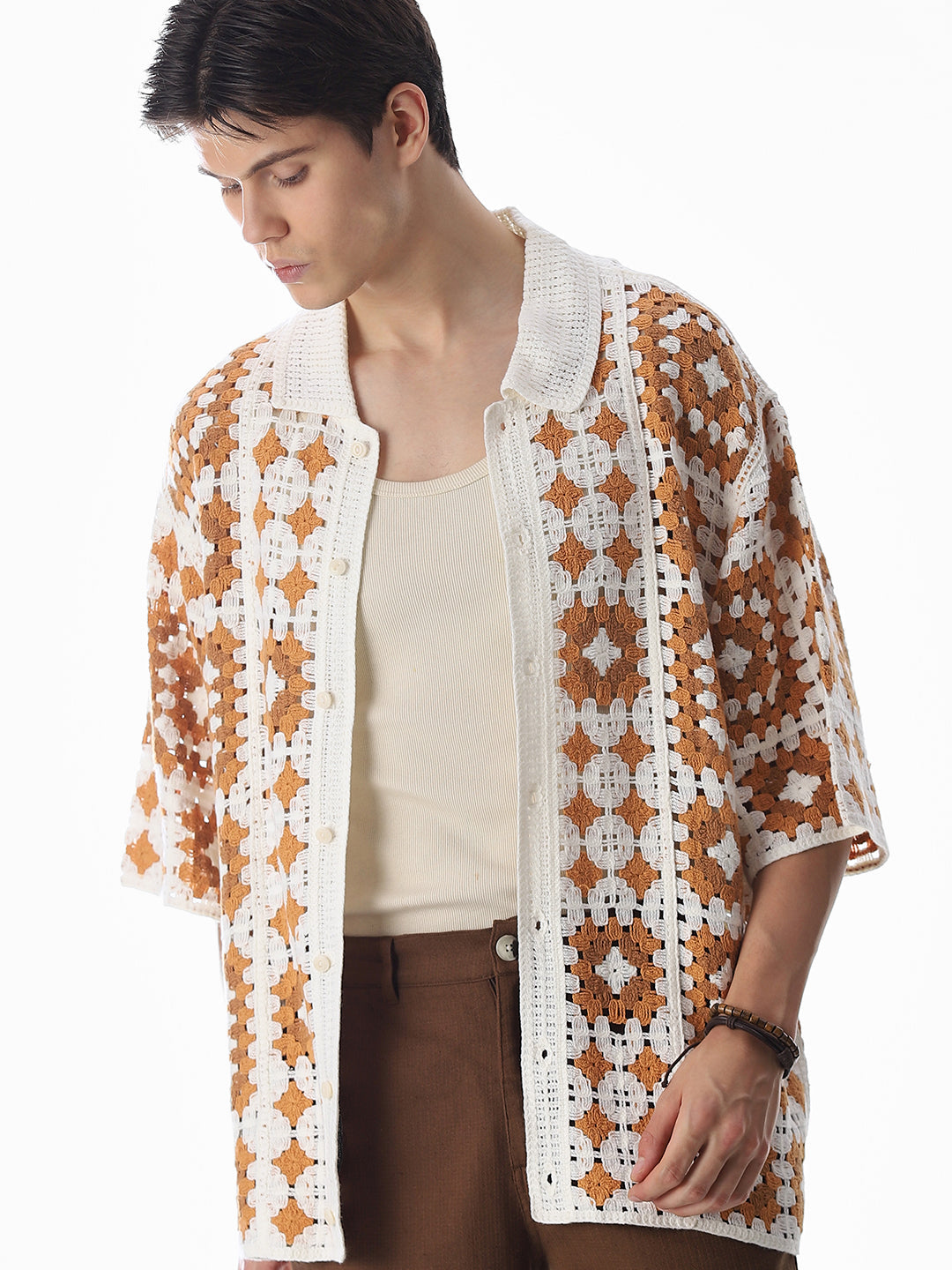 Beige Crochet Oversized Shirt - S