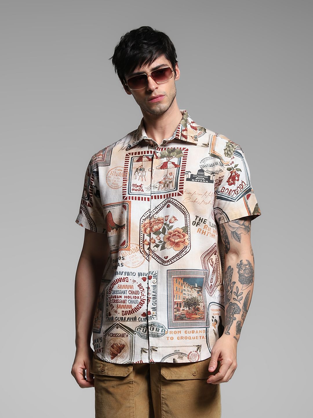 Brown Printed Dobby Shirt - S