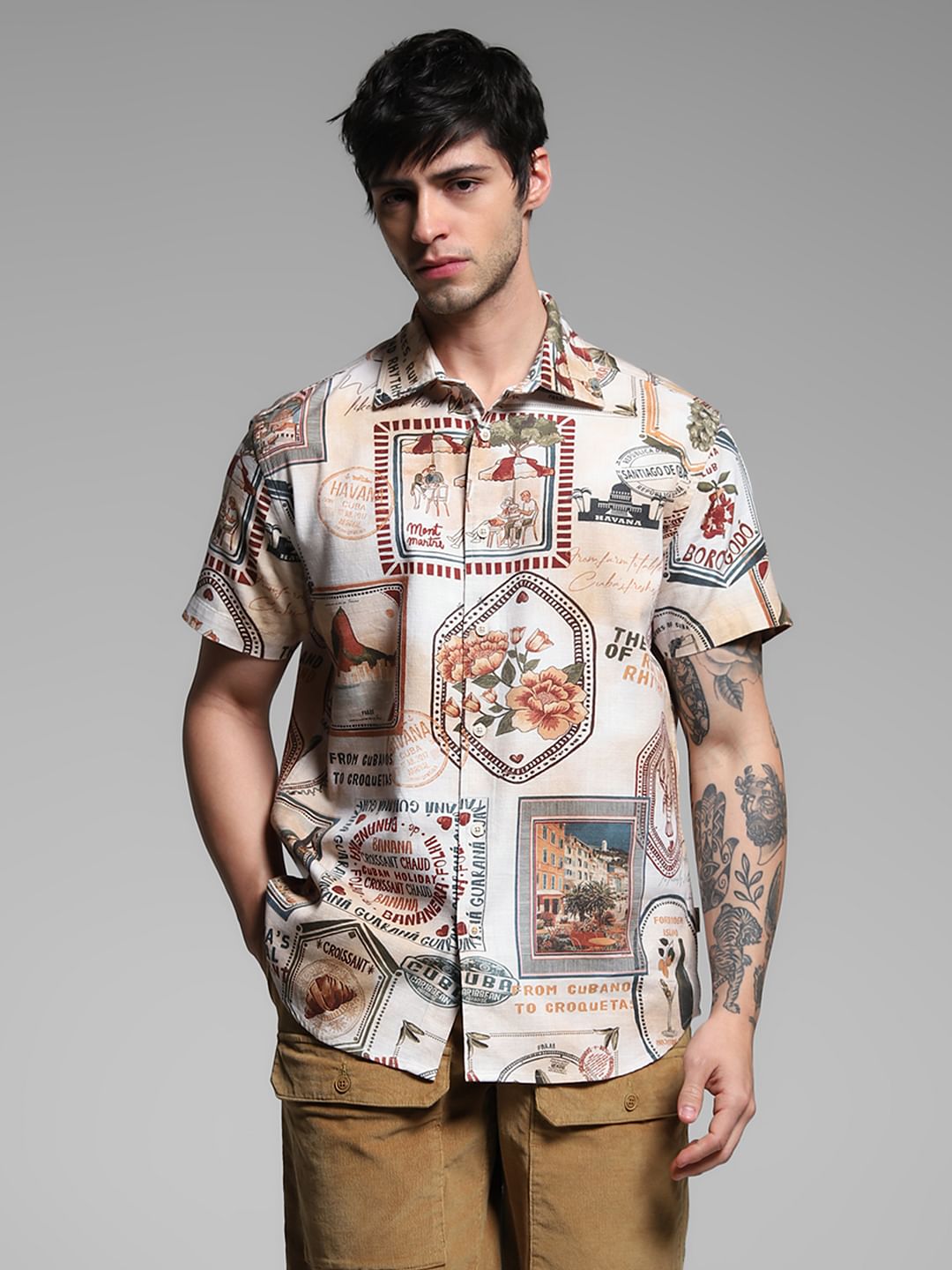 Brown Printed Dobby Shirt