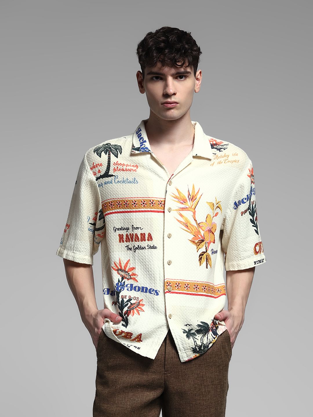 Cream Printed Cuban Collar Shirt - L