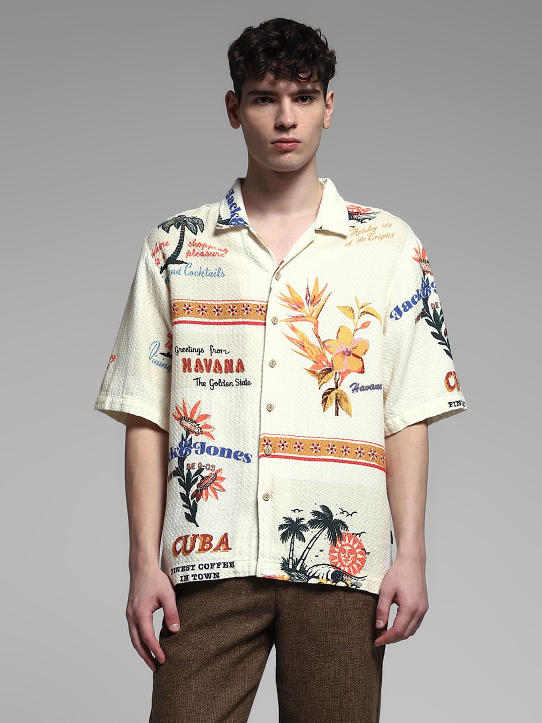 Cream Printed Cuban Collar Shirt