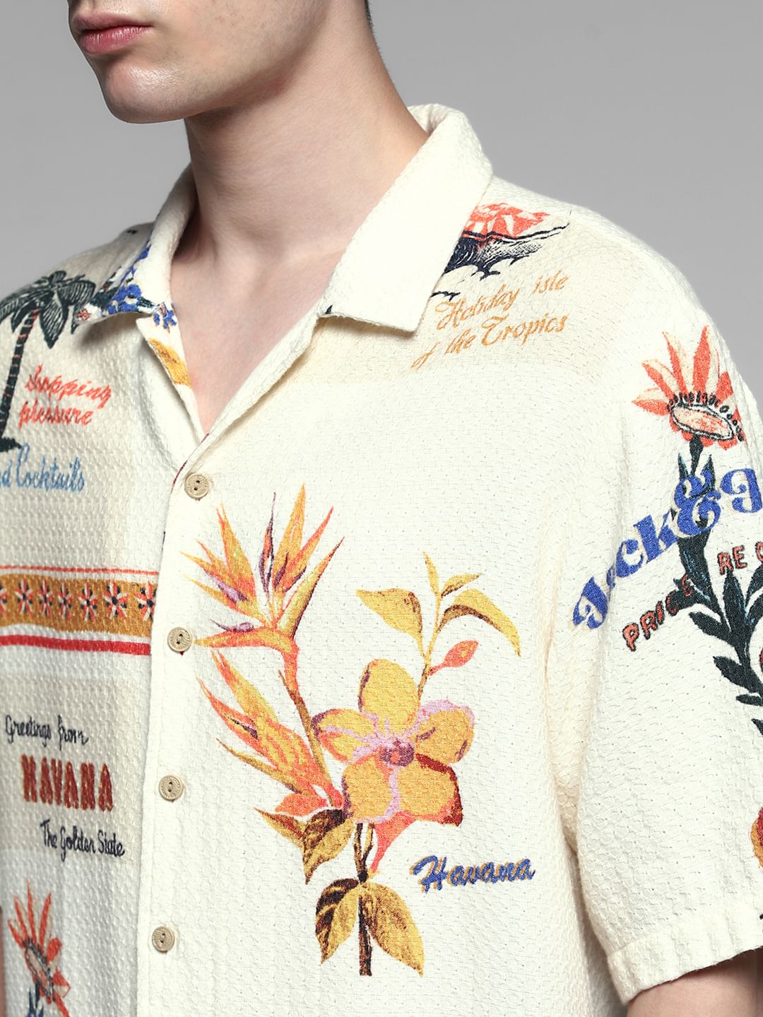 Cream Printed Cuban Collar Shirt