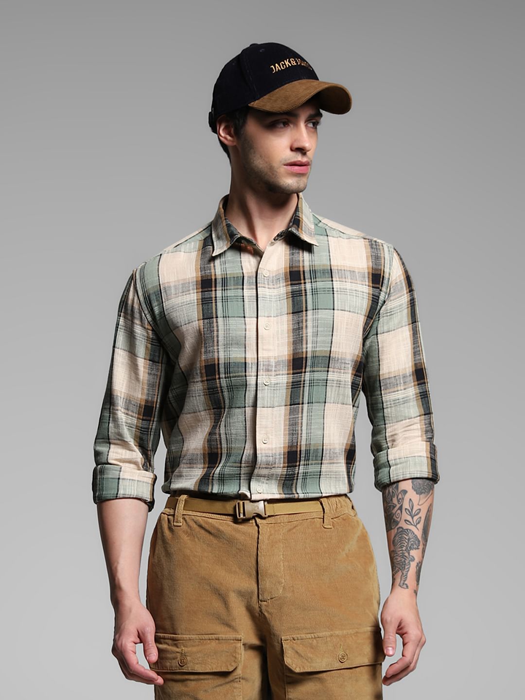 Green Check Print Cotton Shirt - S