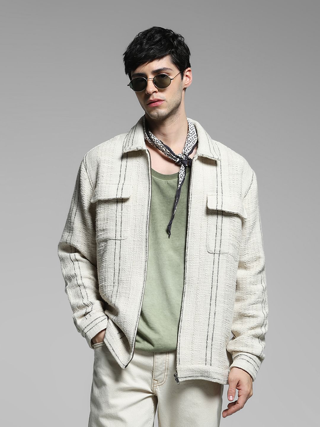 Beige Zip Up Cotton Oversized Shirt