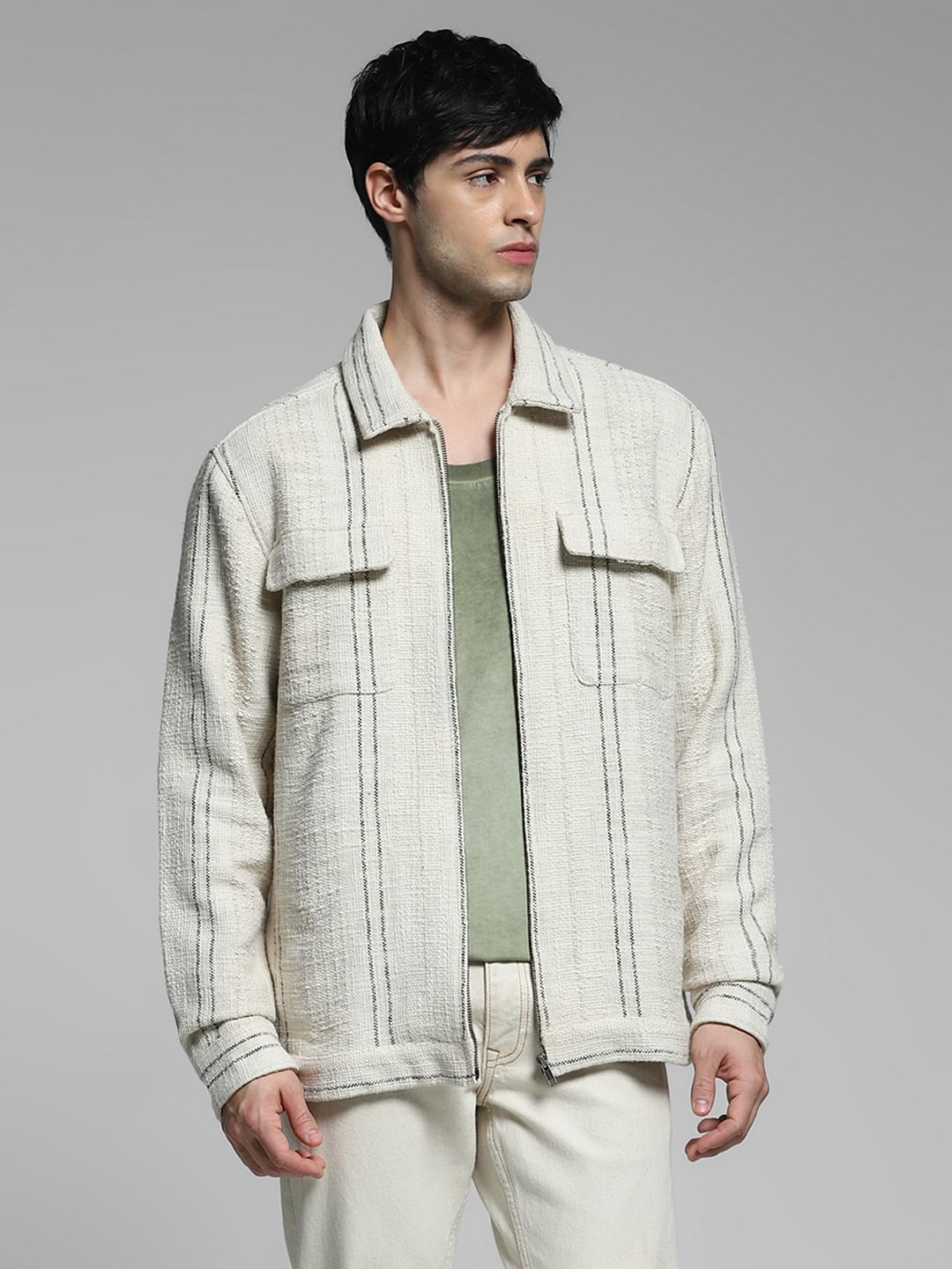 Beige Zip Up Cotton Oversized Shirt