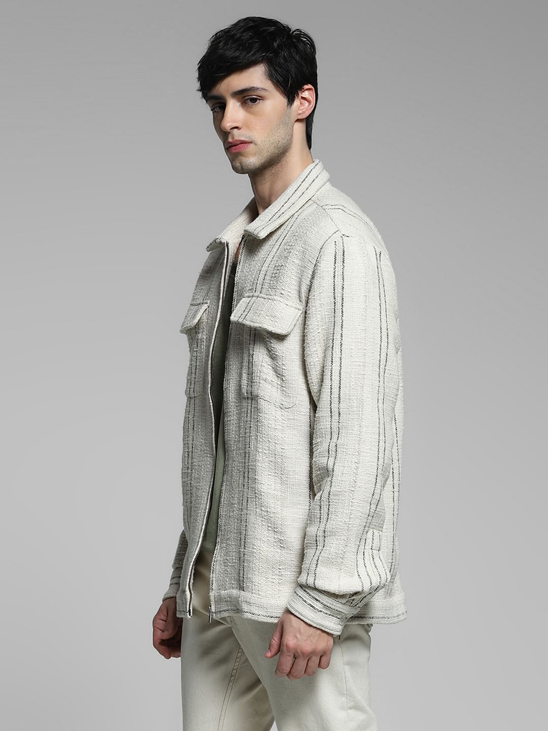 Beige Zip Up Cotton Oversized Shirt