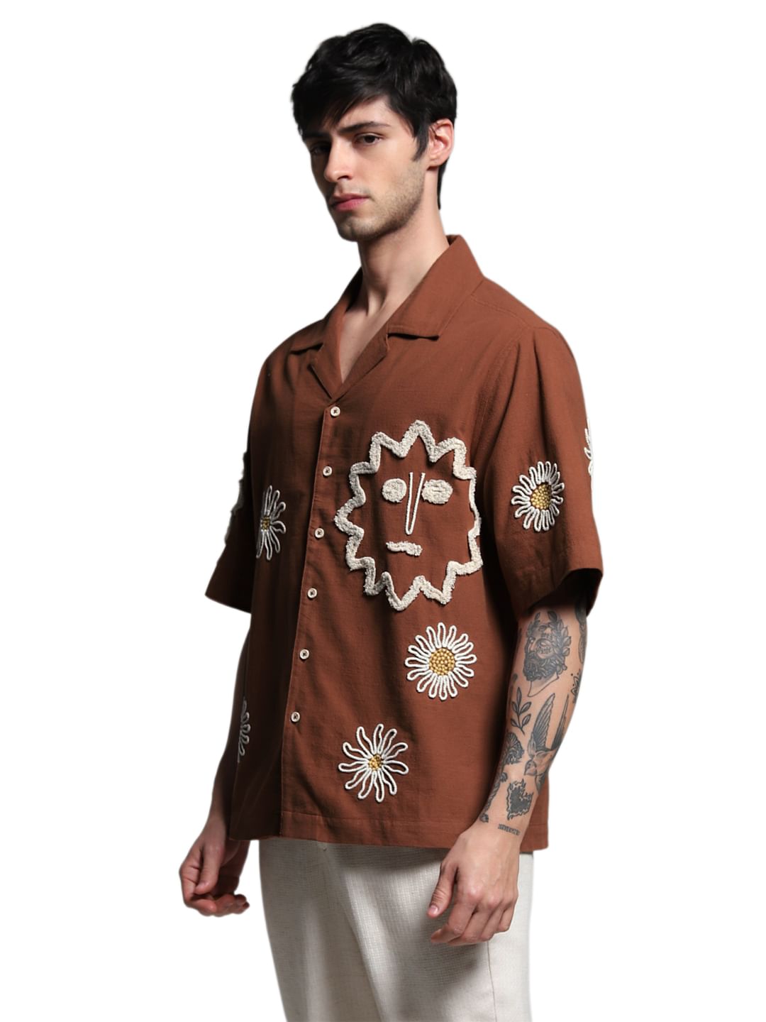 Brown Embroidered Oversized Shirt