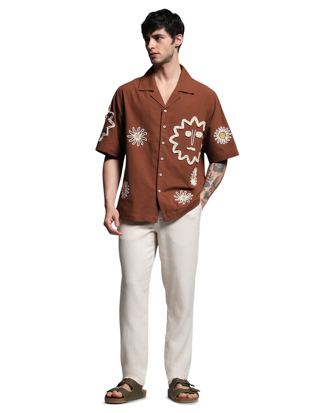 Brown Embroidered Oversized Shirt