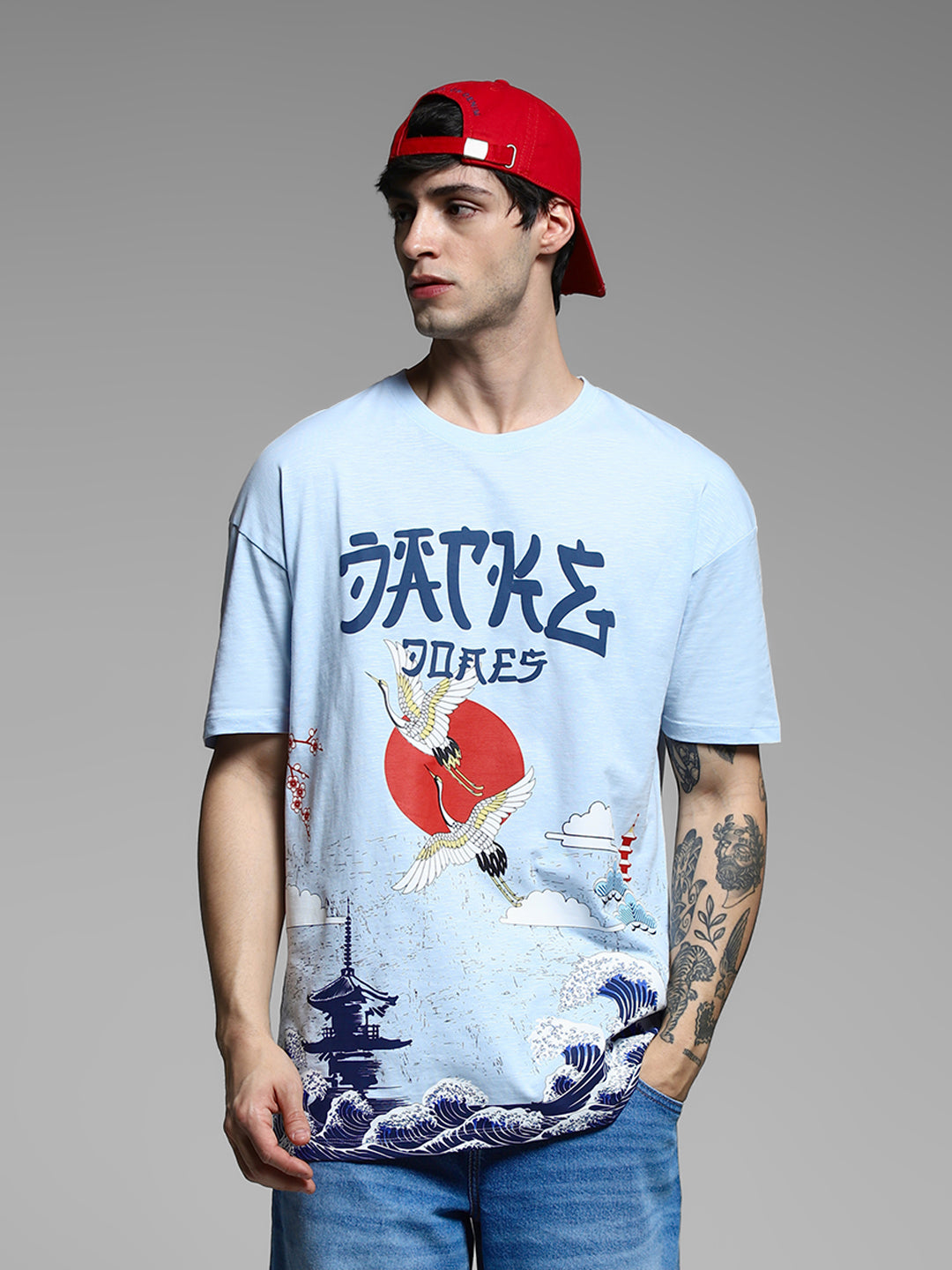Blue Printed Cotton Oversized T-shirt - M