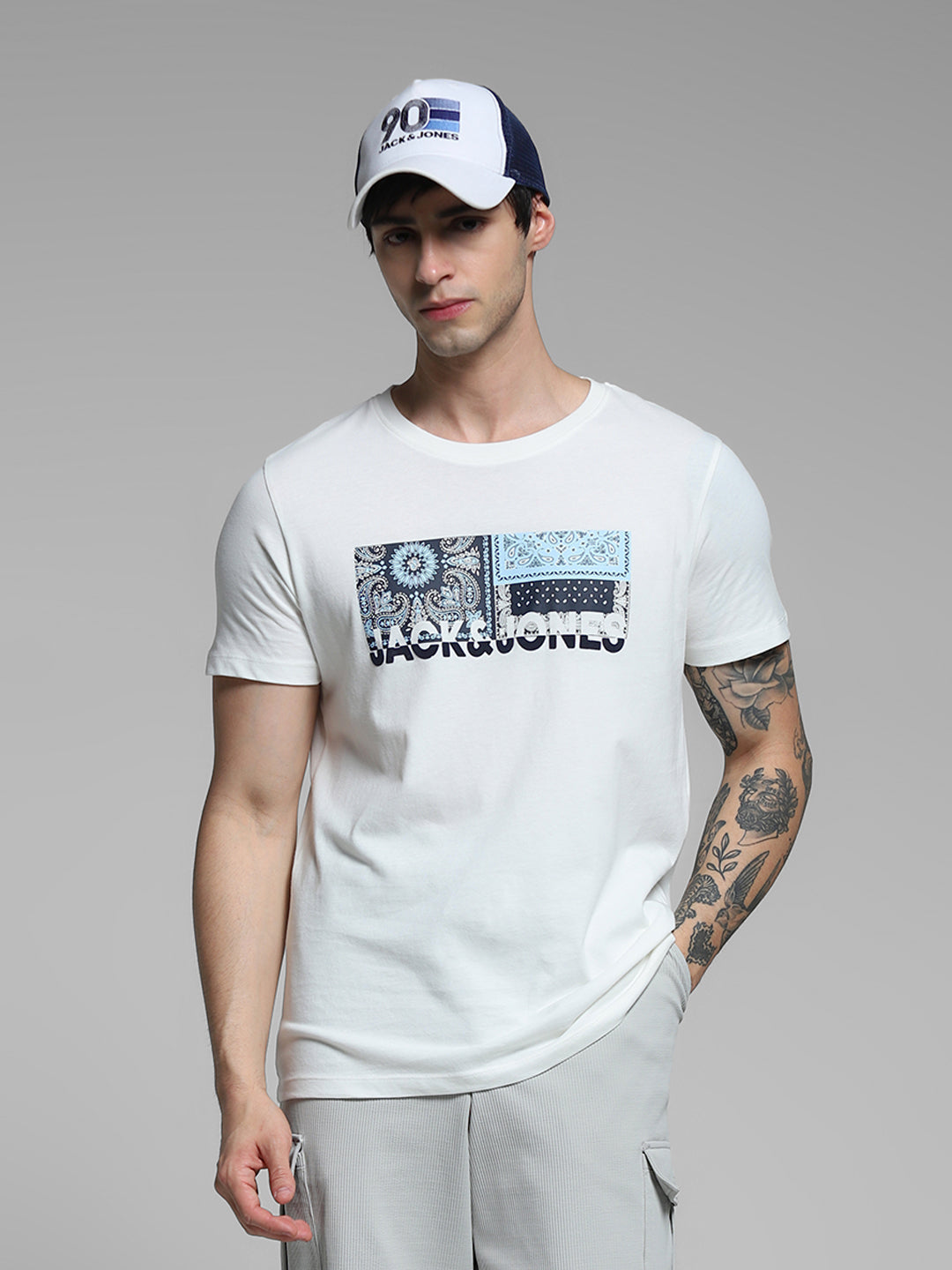 White Printed Cotton T-shirt - XL