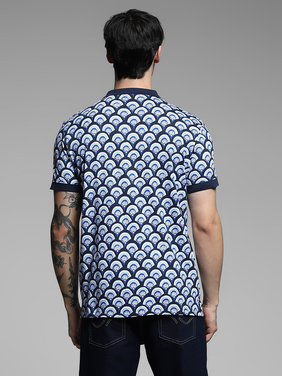 Navy Blue Printed Cotton Polo