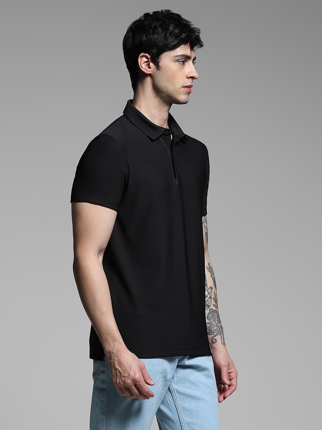 Black Ribbed Collar Cotton Polo