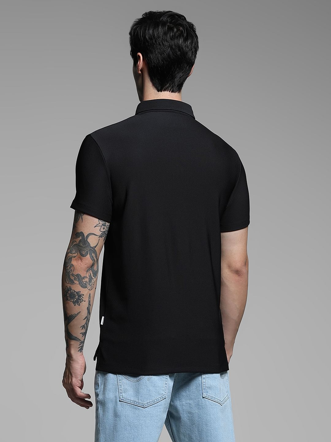 Black Ribbed Collar Cotton Polo