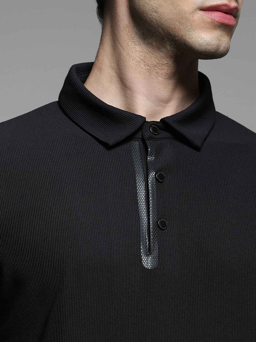 Black Ribbed Collar Cotton Polo