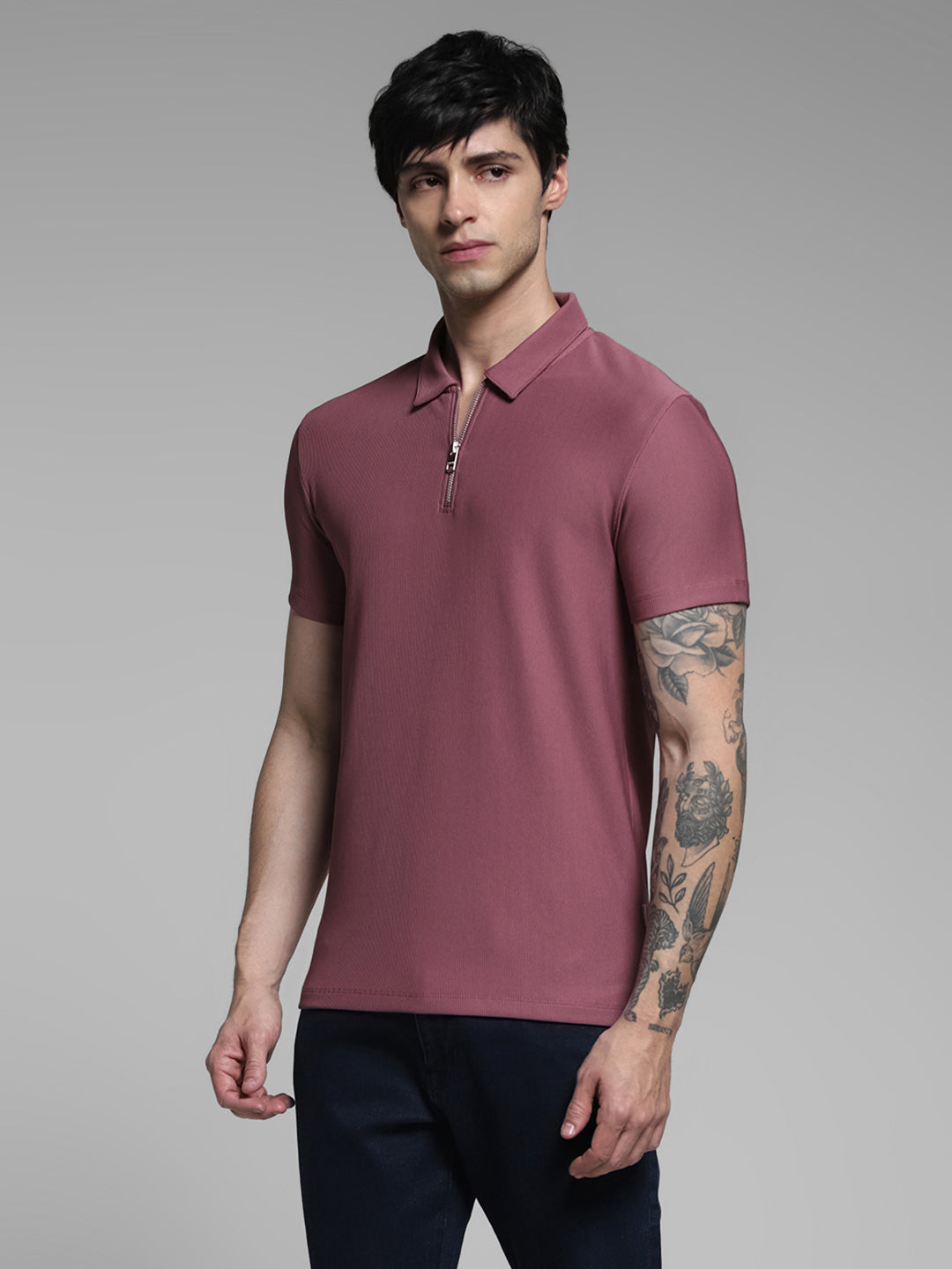 Purple Jacquard Zip Up Polo