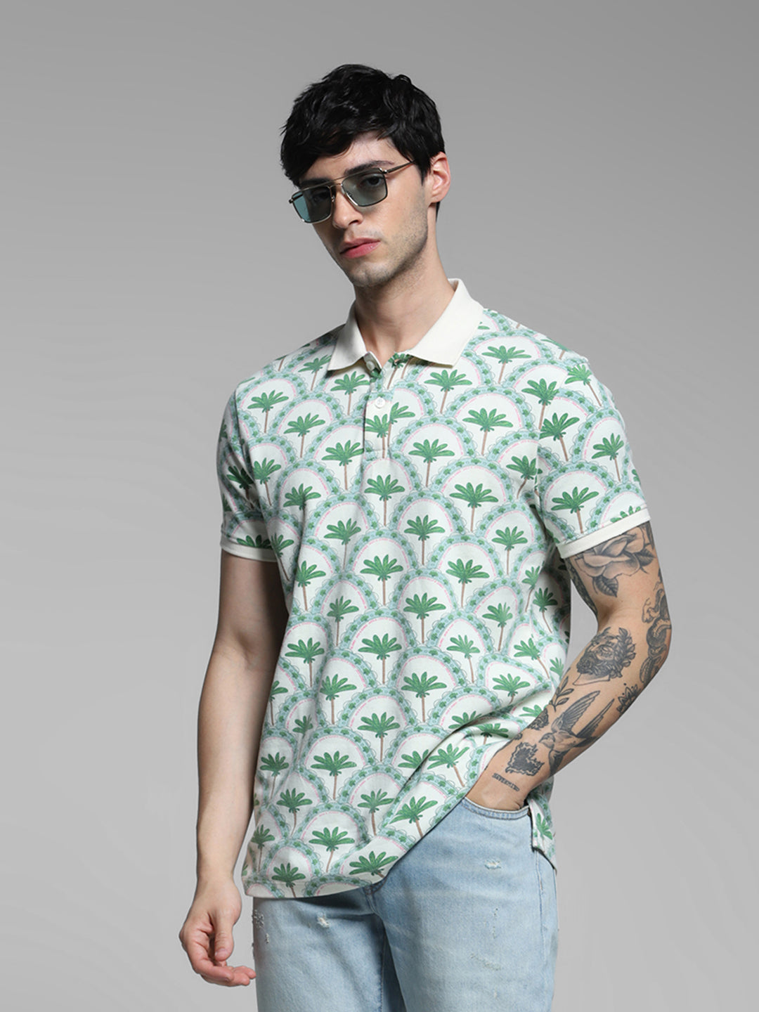 Men Off White Cotton Tropical Print Regular Fit Polo T-Shirt