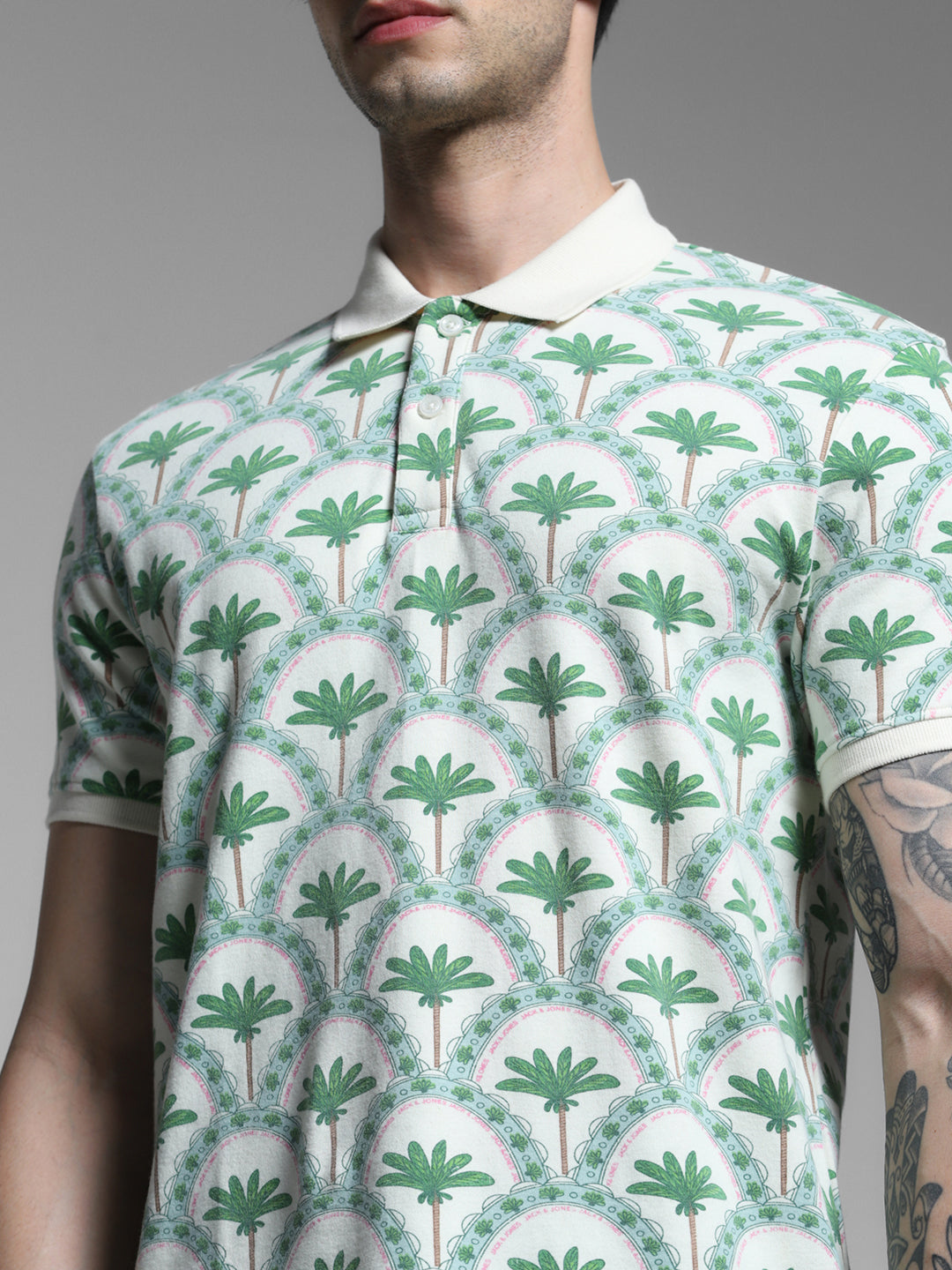 Men Off White Cotton Tropical Print Regular Fit Polo T-Shirt