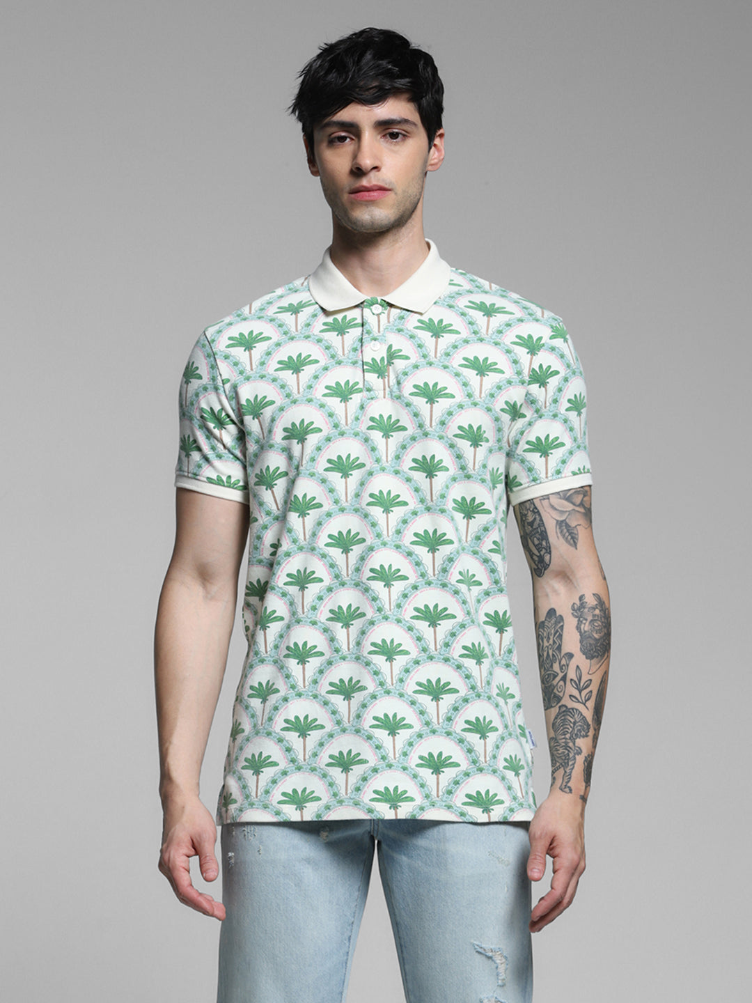 Men Off White Cotton Tropical Print Regular Fit Polo T-Shirt