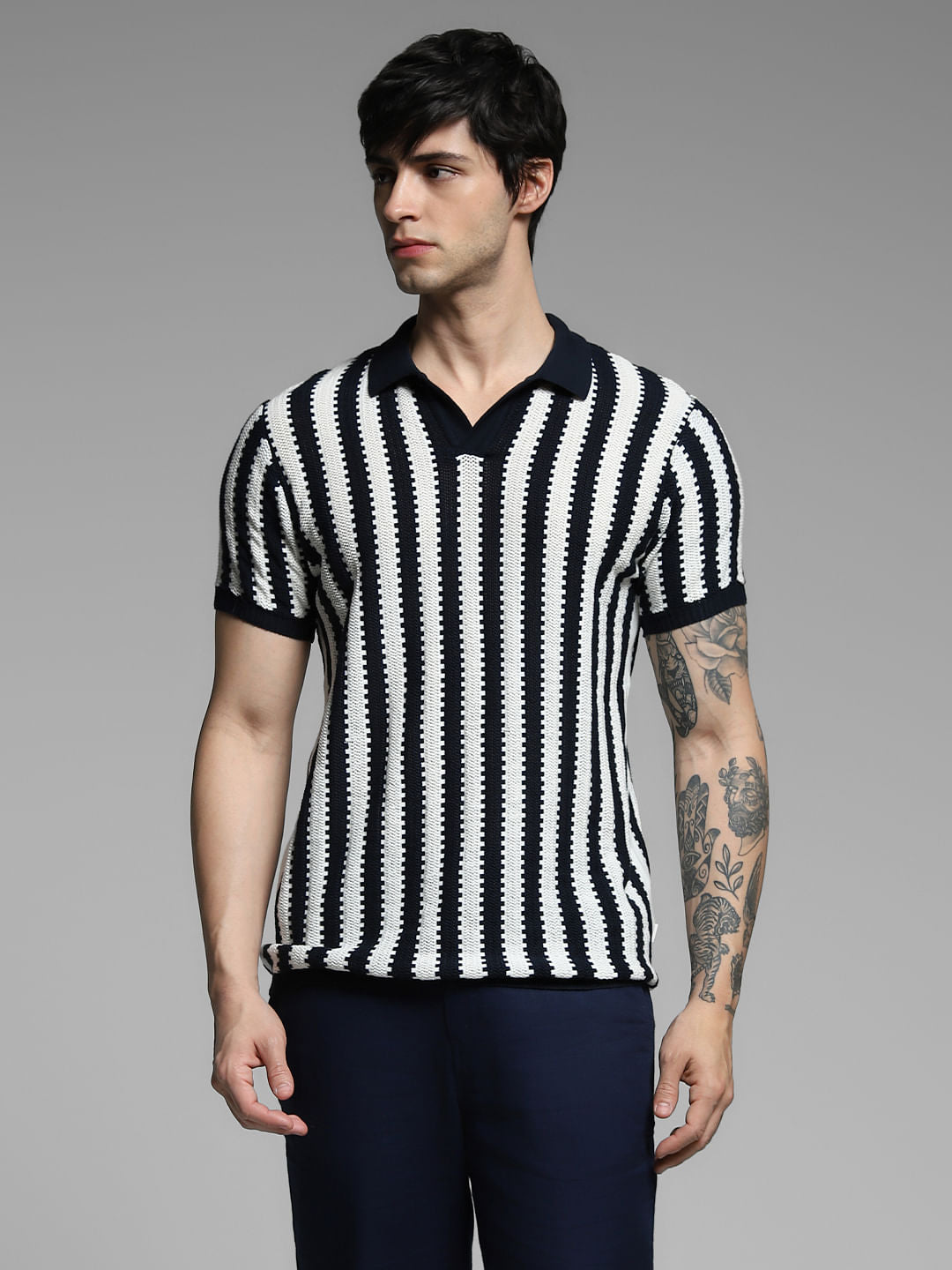 Navy Blue Striped Knitted Cotton Polo