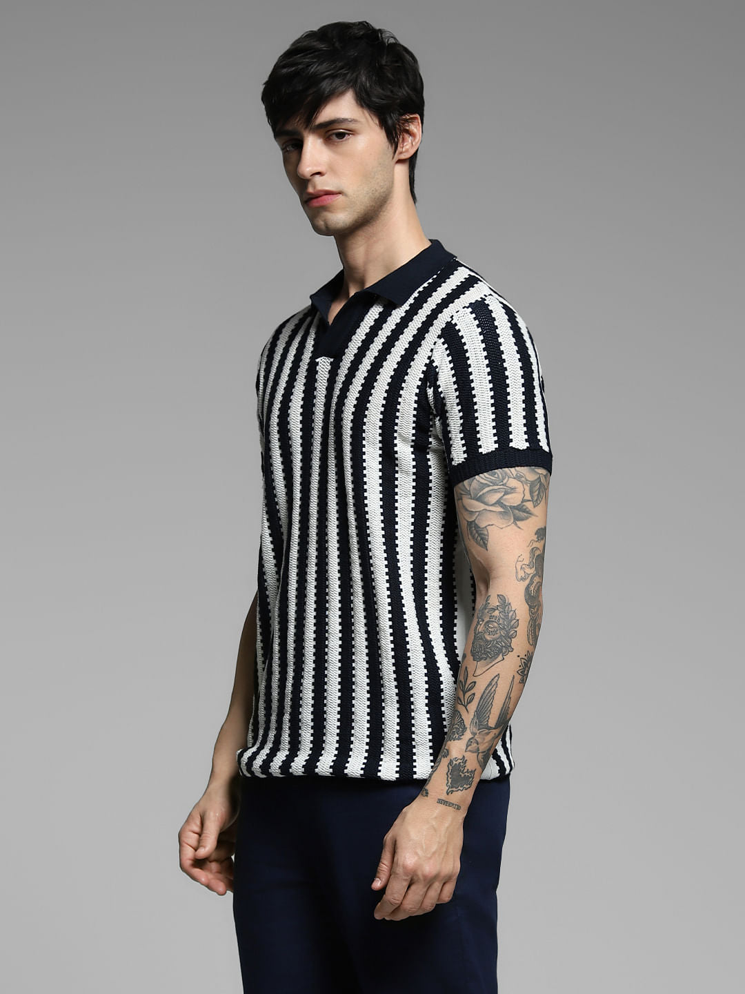 Navy Blue Striped Knitted Cotton Polo