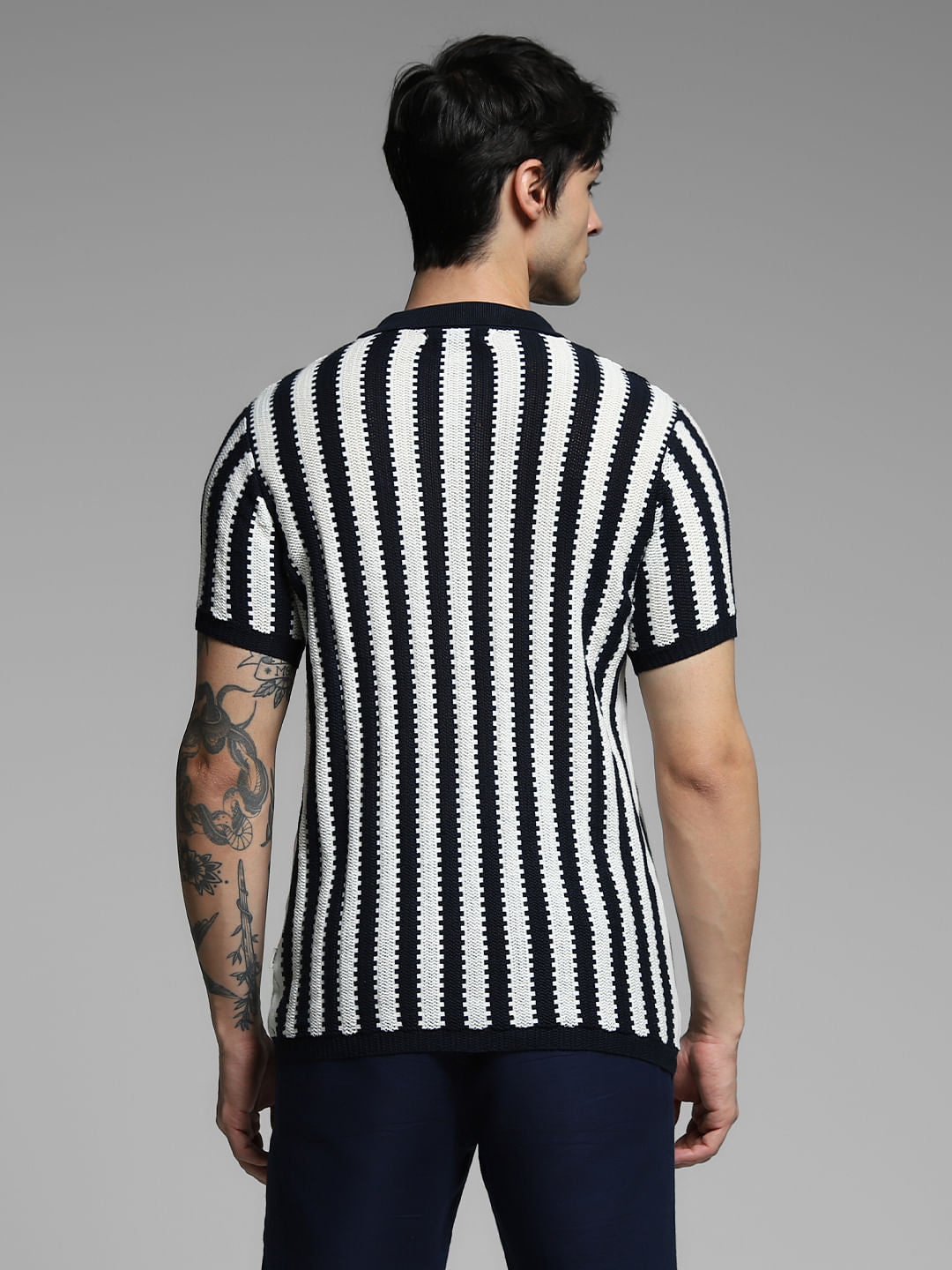 Navy Blue Striped Knitted Cotton Polo