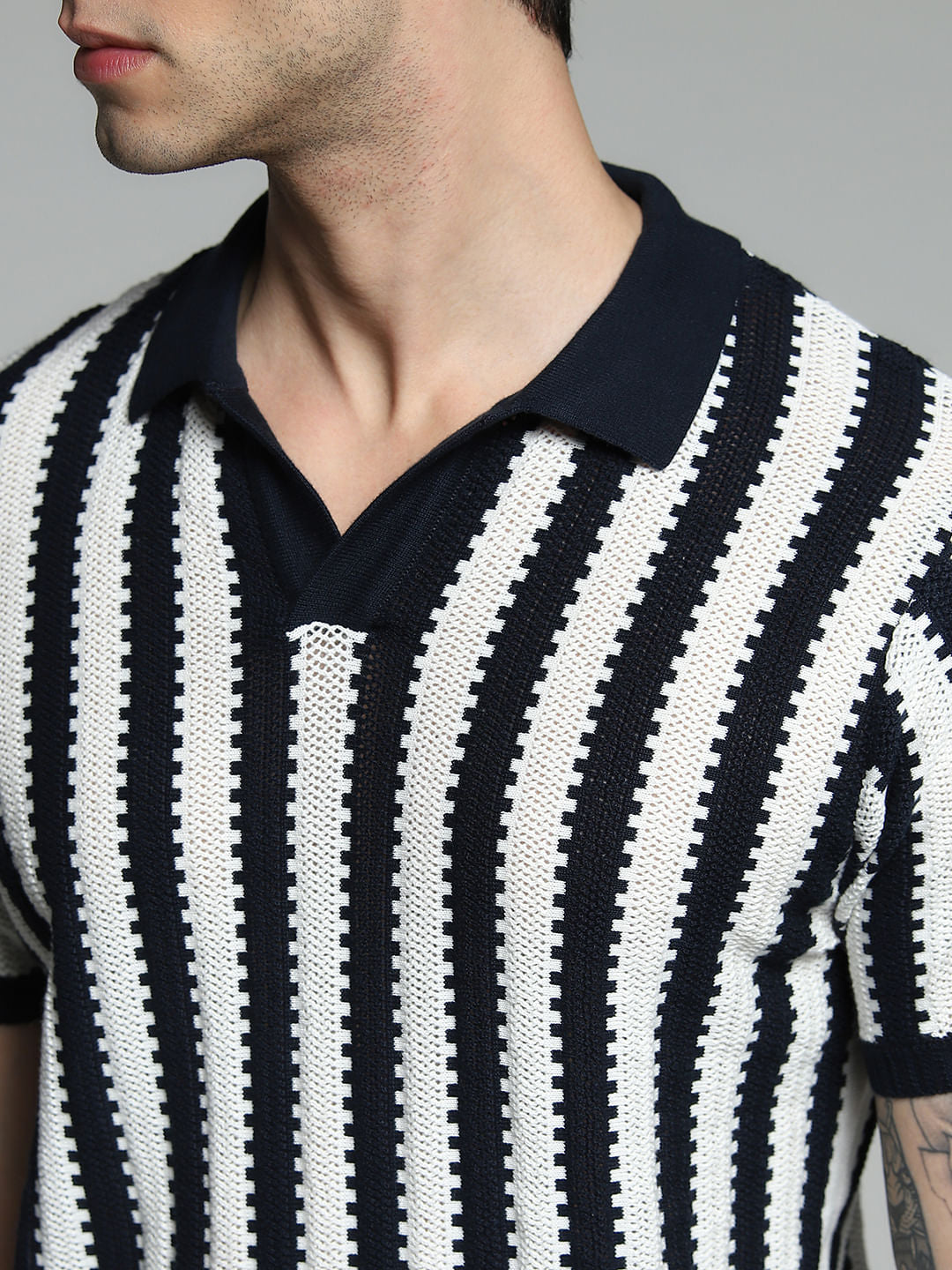 Navy Blue Striped Knitted Cotton Polo