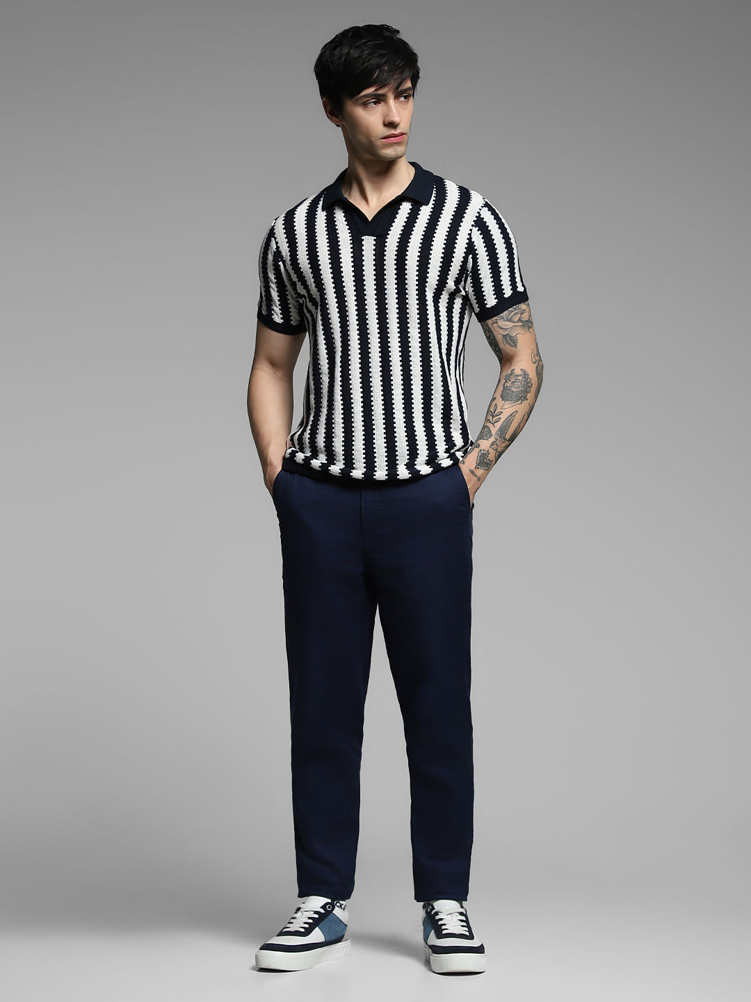 Navy Blue Striped Knitted Cotton Polo