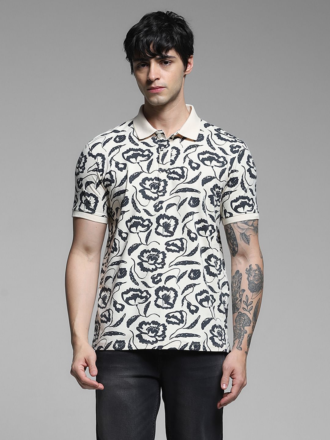 White Abstract Print Cotton Polo