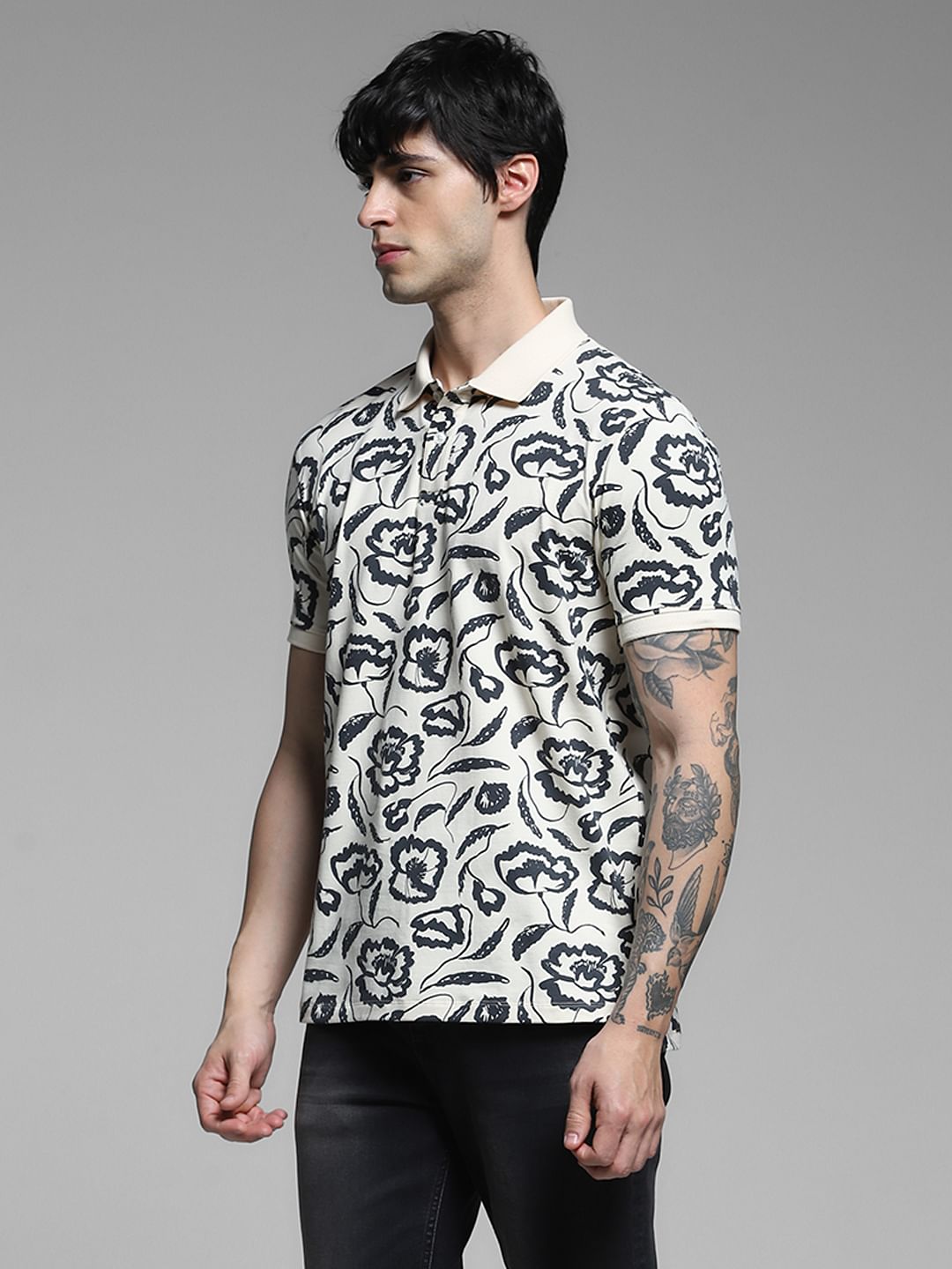 White Abstract Print Cotton Polo