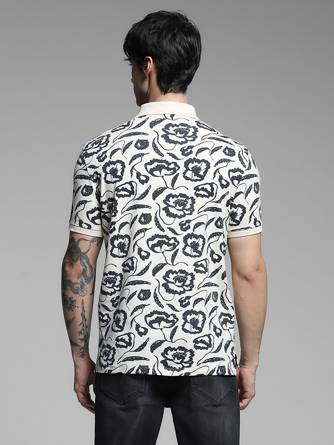 White Abstract Print Cotton Polo