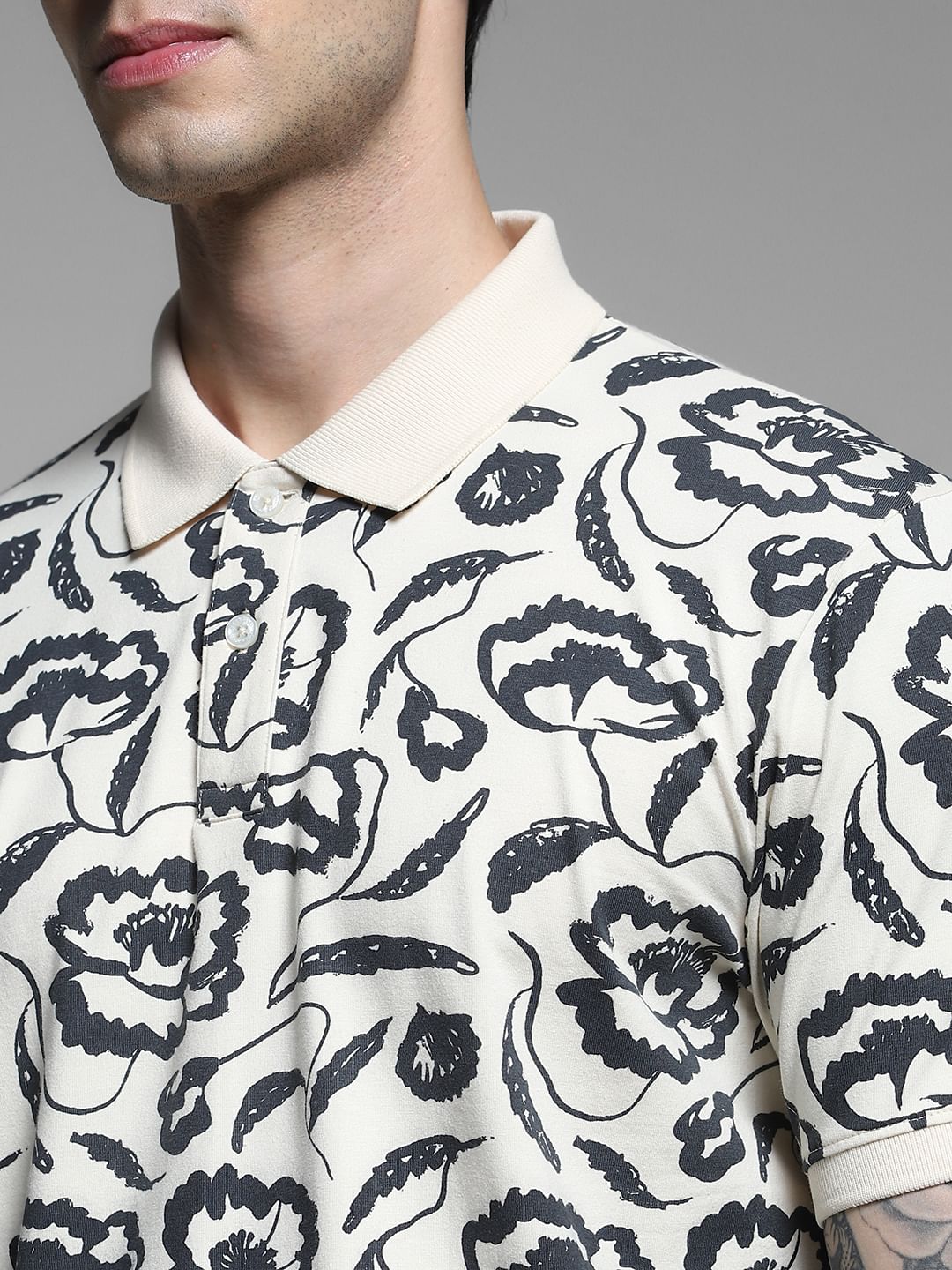 White Abstract Print Cotton Polo