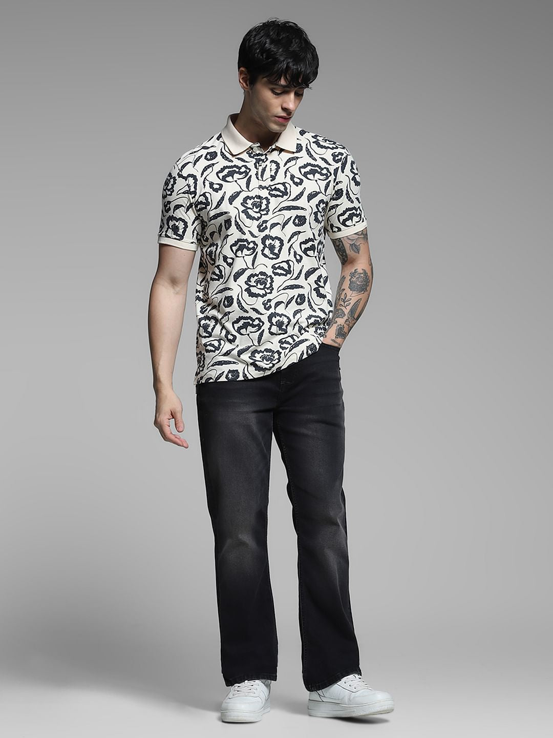 White Abstract Print Cotton Polo