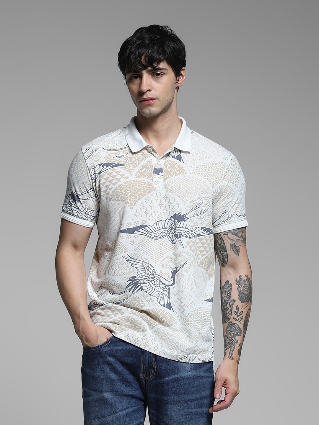 White Printed Cotton Polo - M