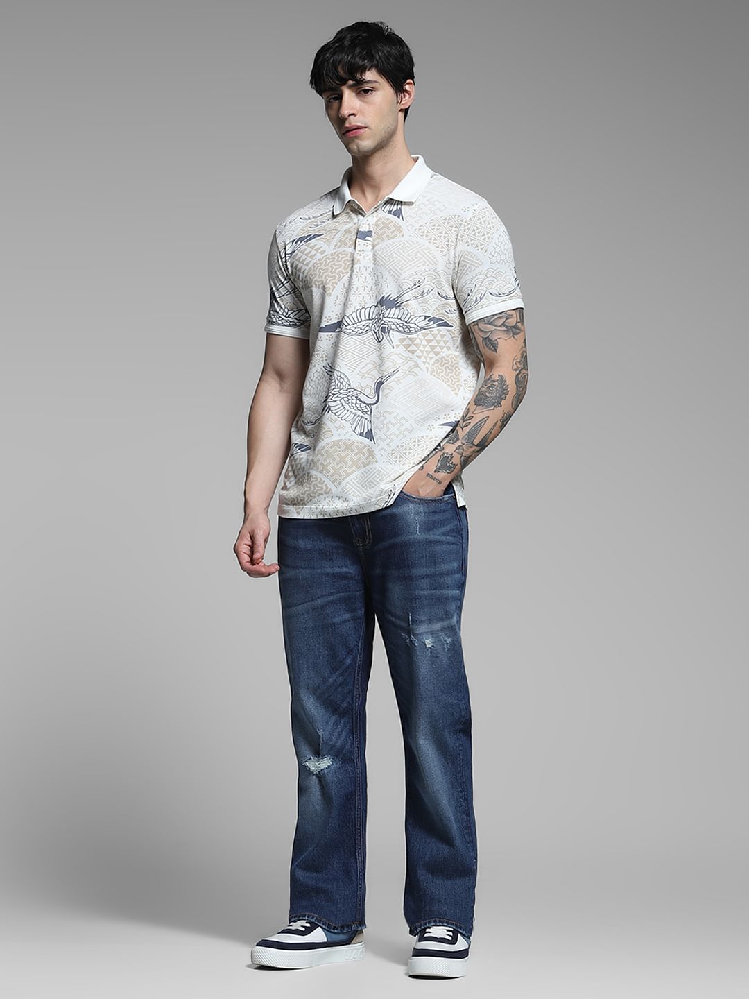 White Printed Cotton Polo