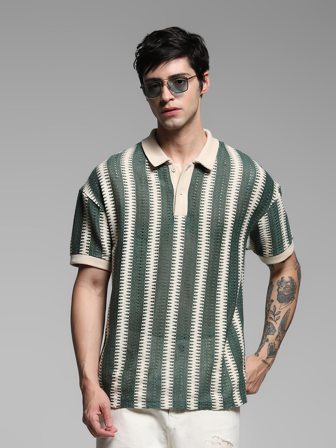 Green Striped Knitted Polo