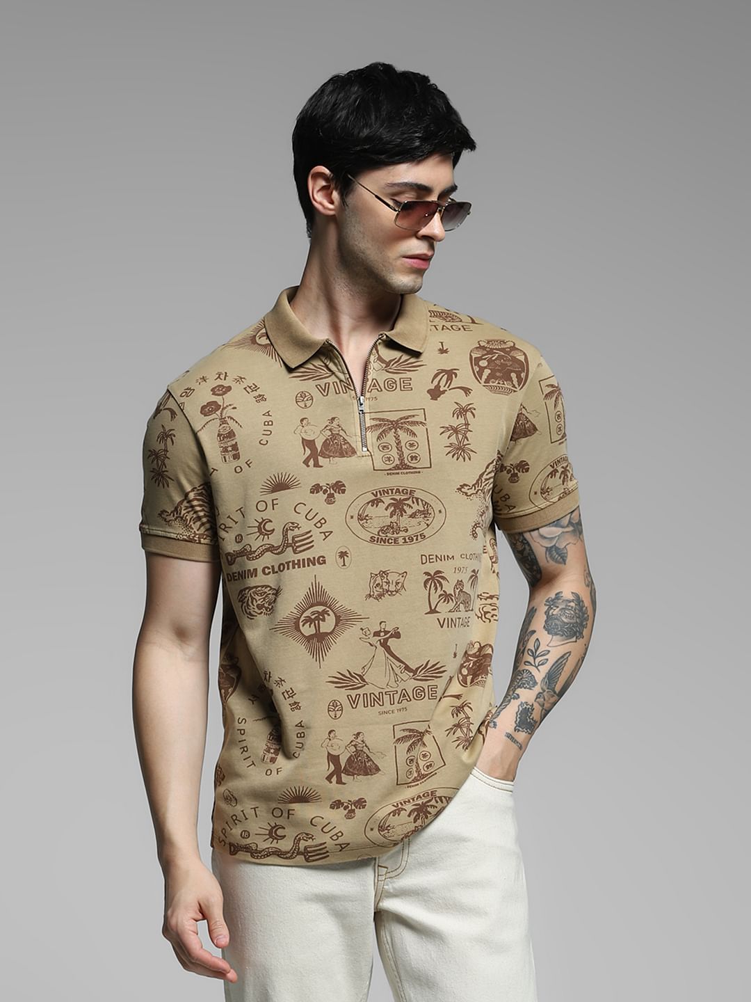 Brown Printed Cotton Polo