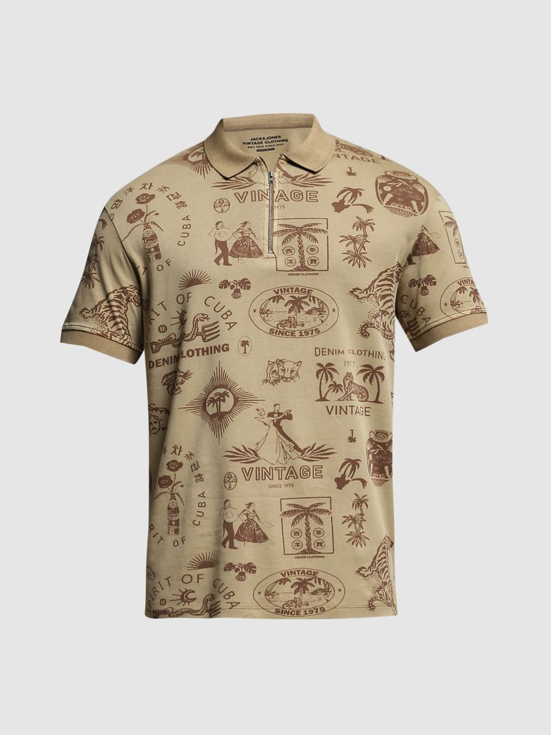 Brown Printed Cotton Polo