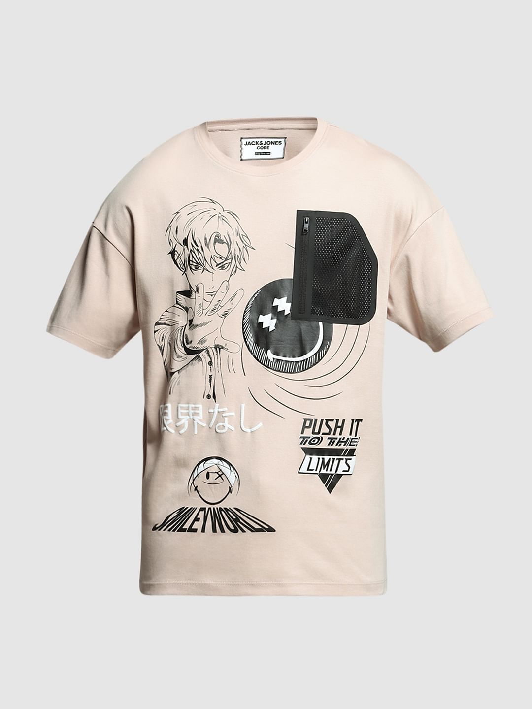 SmileyWorld   Beige Printed Boxy Fit T-shirt