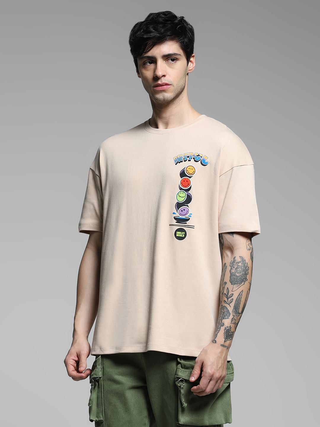 SmileyWorld   Beige Printed Boxy Fit T-shirt