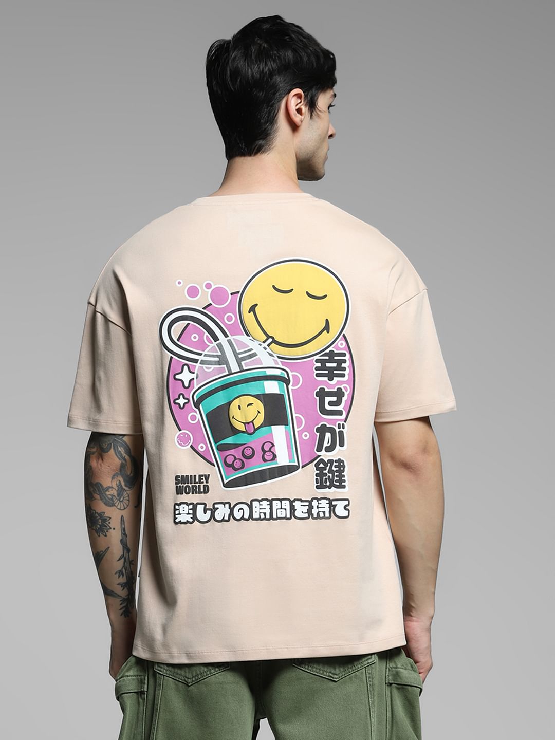 SmileyWorld   Beige Printed Boxy Fit T-shirt