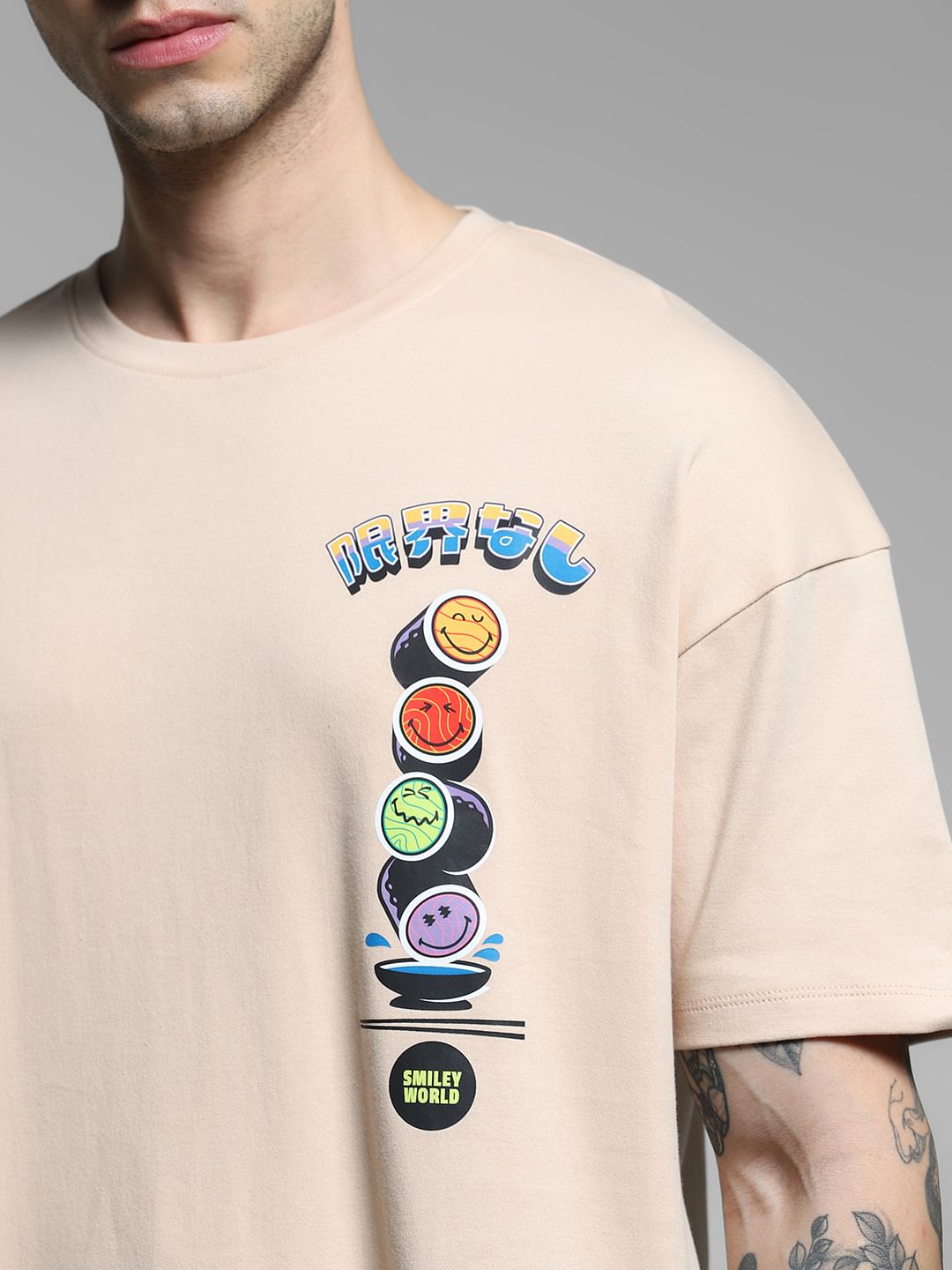SmileyWorld   Beige Printed Boxy Fit T-shirt