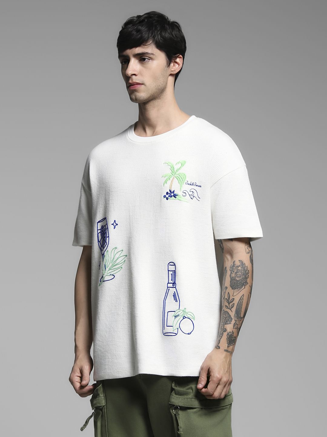 White Embroidered Print Oversized T-shirt