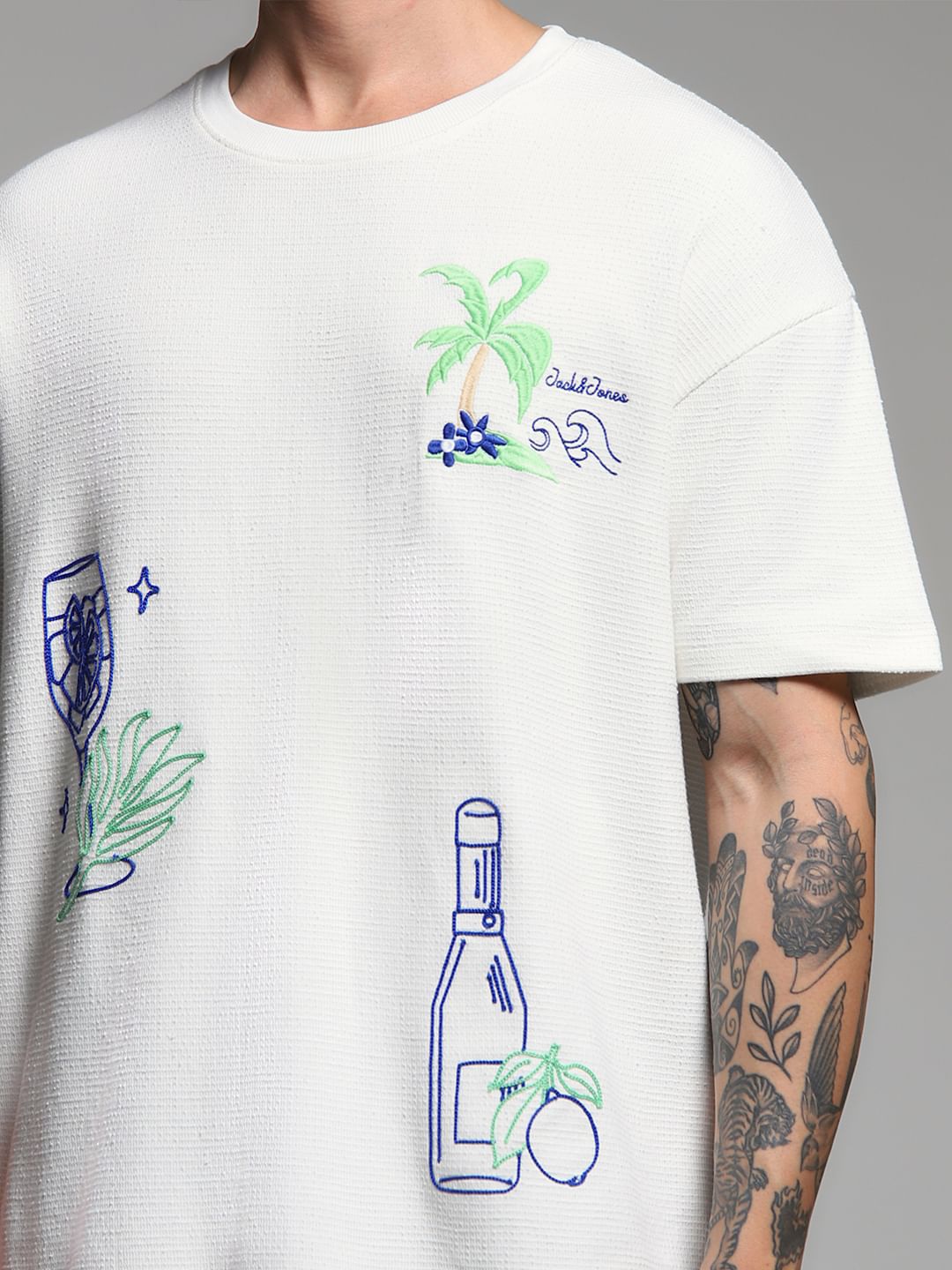 White Embroidered Print Oversized T-shirt