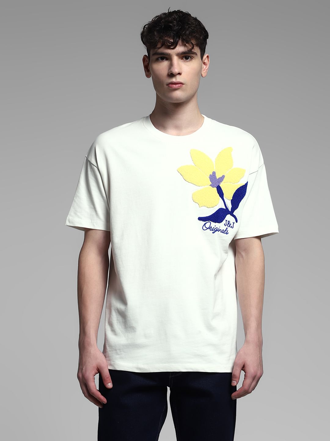 White Embroidered Print Cotton T-Shirt