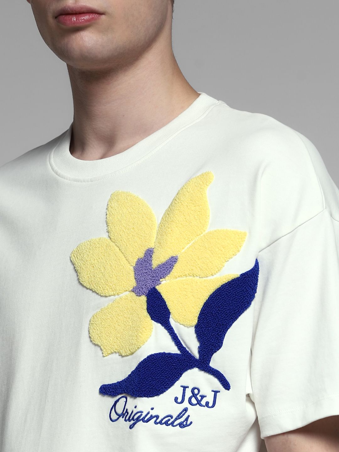 White Embroidered Print Cotton T-Shirt